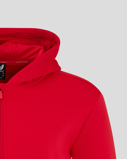 Front view of red hoodie showing white Castore wing logo on chest