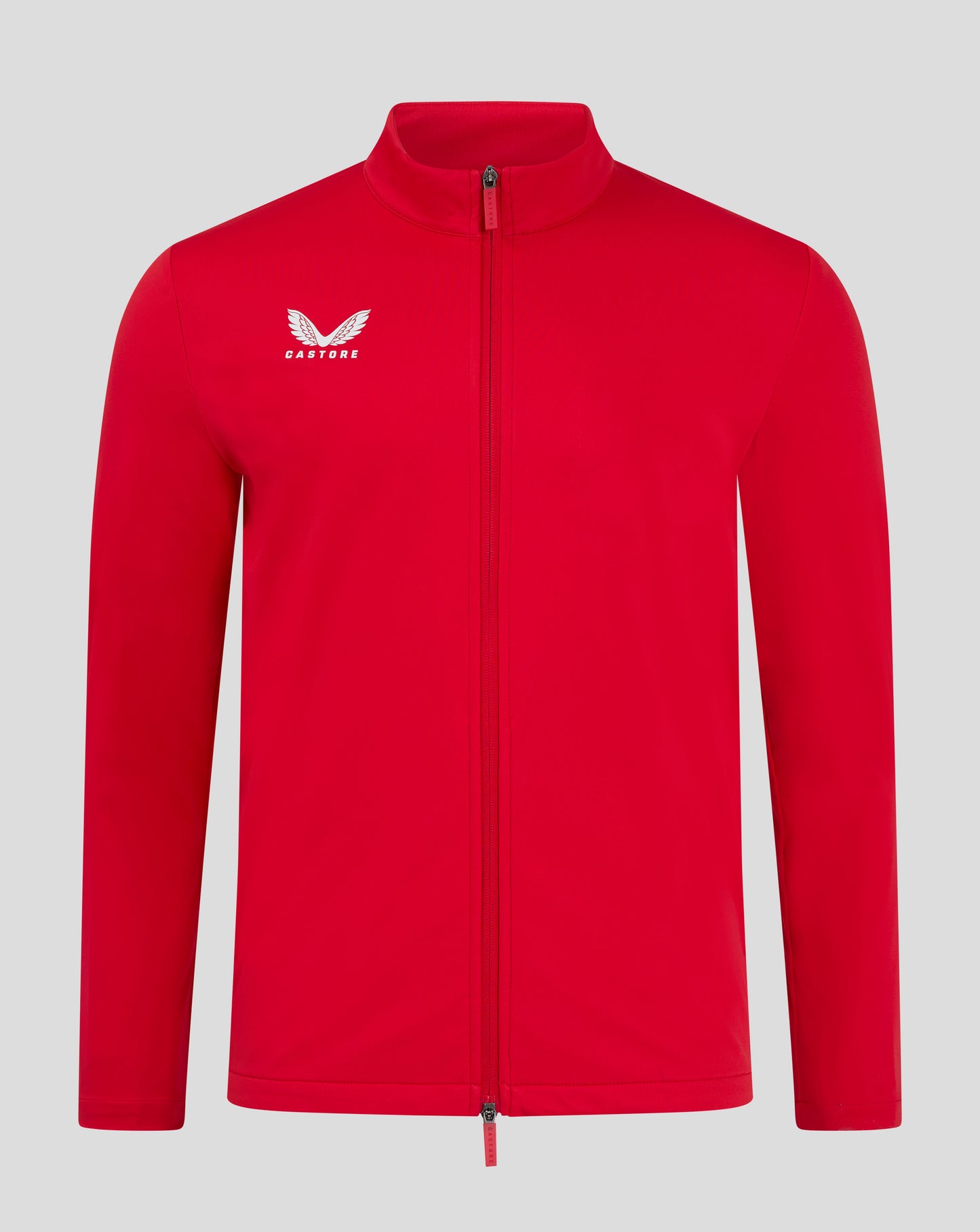 Bright red men's softshell jacket with funnel neck front zipper and white Castore wing logo on the left chest
