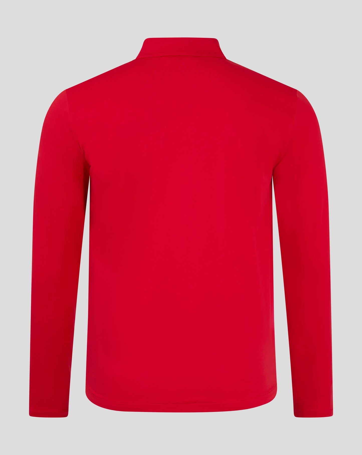 Back view of a red mens softshell jacket with a funnel neck collar
