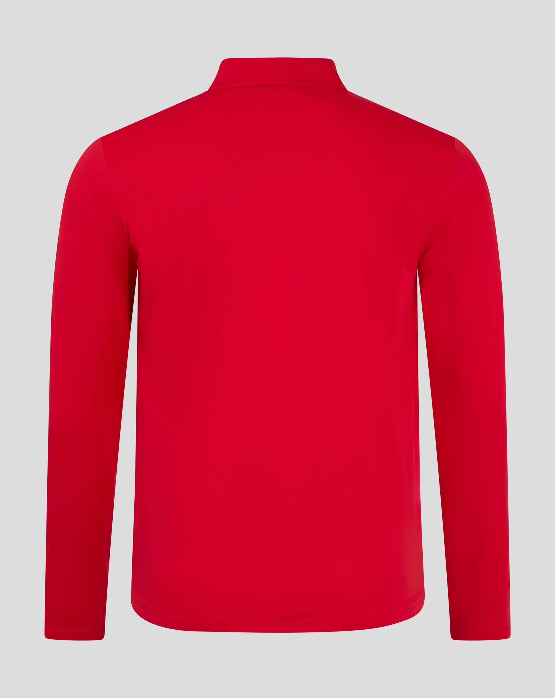 Back view of a red mens softshell jacket with a funnel neck collar