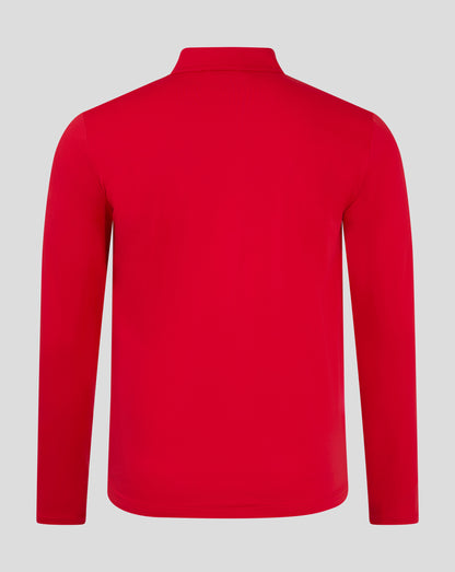 Back view of a red mens softshell jacket with a funnel neck collar