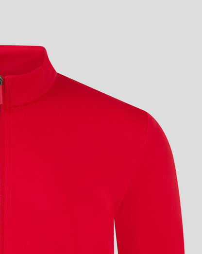 Bright red mens softshell jacket with funnel neck and center zipper