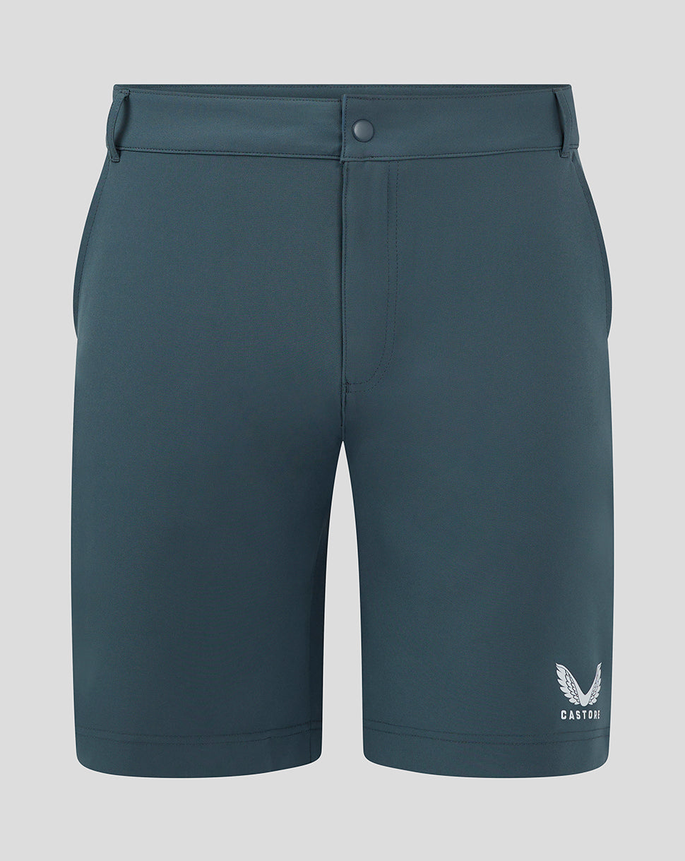 Front view of dark slate chino shorts with Castore logo on the leg.