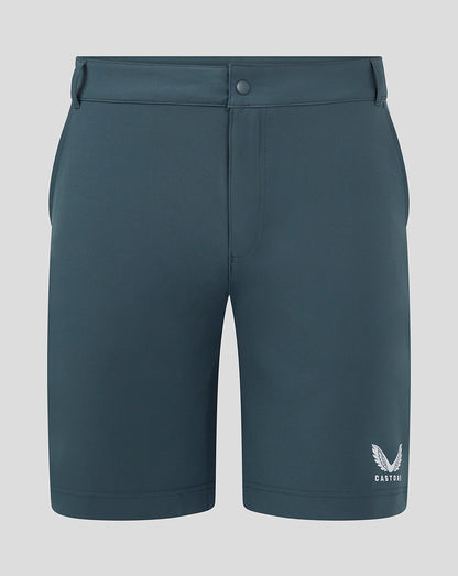 Front view of dark slate chino shorts with Castore logo on the leg.