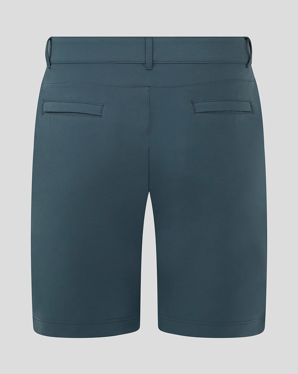 Back view of dark slate chino shorts with belt loops and back welt pockets.