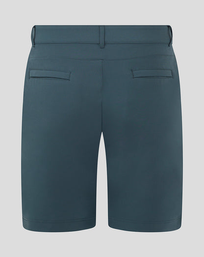 Back view of dark slate chino shorts with belt loops and back welt pockets.