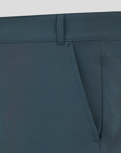 Dark slate chino shorts close-up showing waistband belt loop and angled front pocket