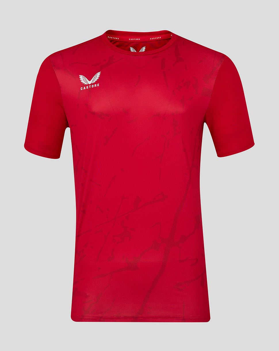 Bright red short sleeve T-shirt with a subtle marble print and a white logo on the left chest