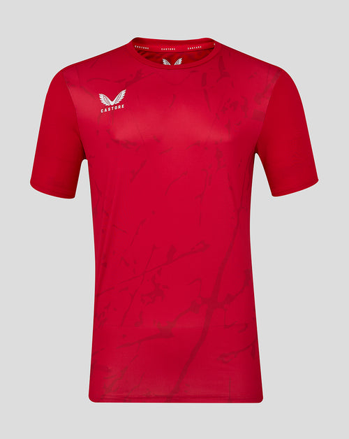 Bright red short sleeve T-shirt with a subtle marble print and a white logo on the left chest