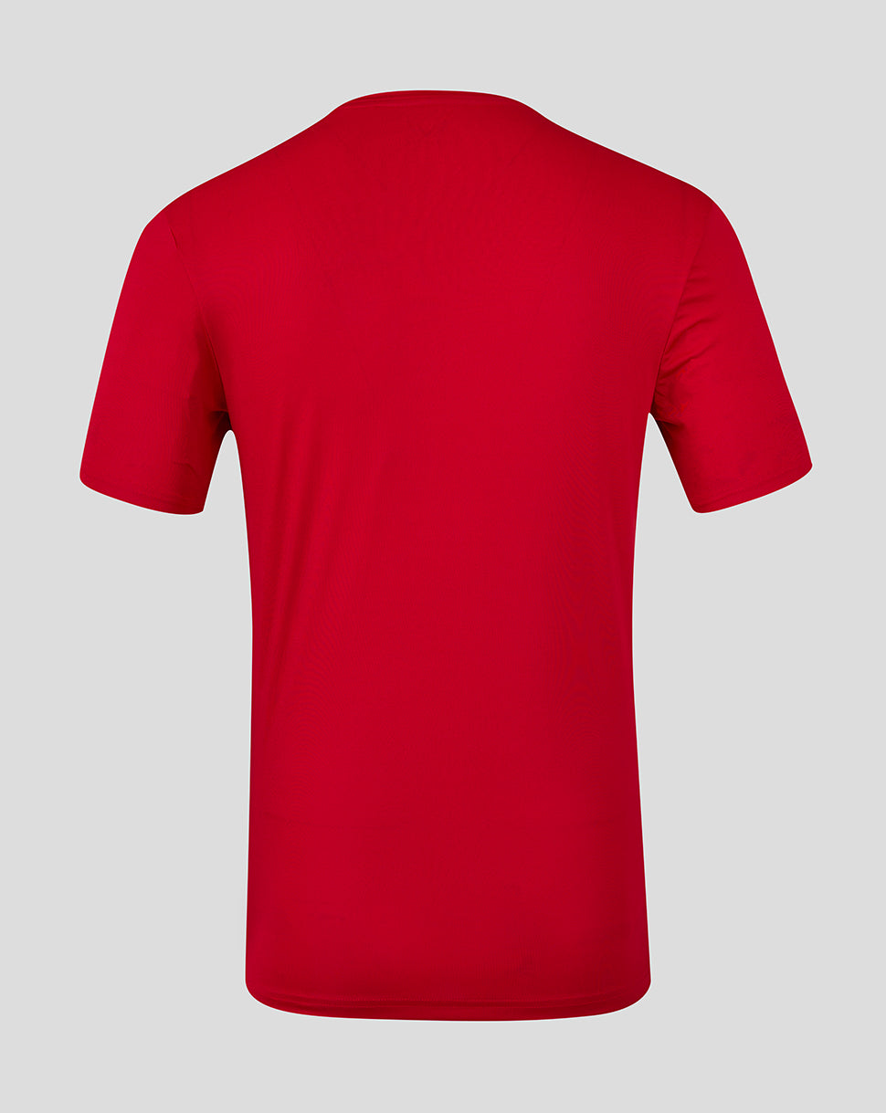 Back view of a bright red short sleeve T-shirt with a subtle marbled pattern