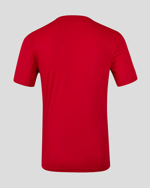 Back view of a bright red short sleeve T-shirt with a subtle marbled pattern