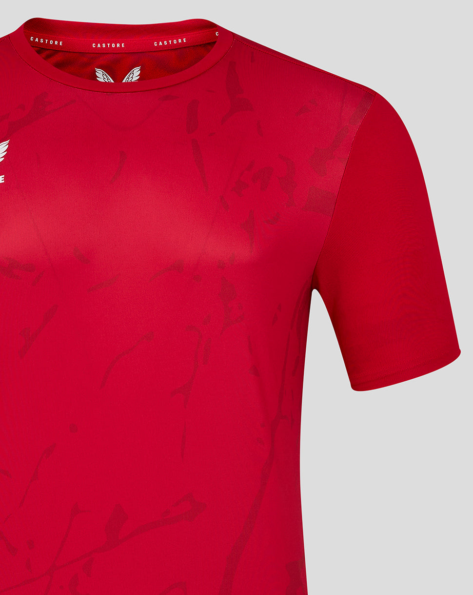 Front view of red marble print men's short sleeve T shirt with subtle pattern and Castore logo