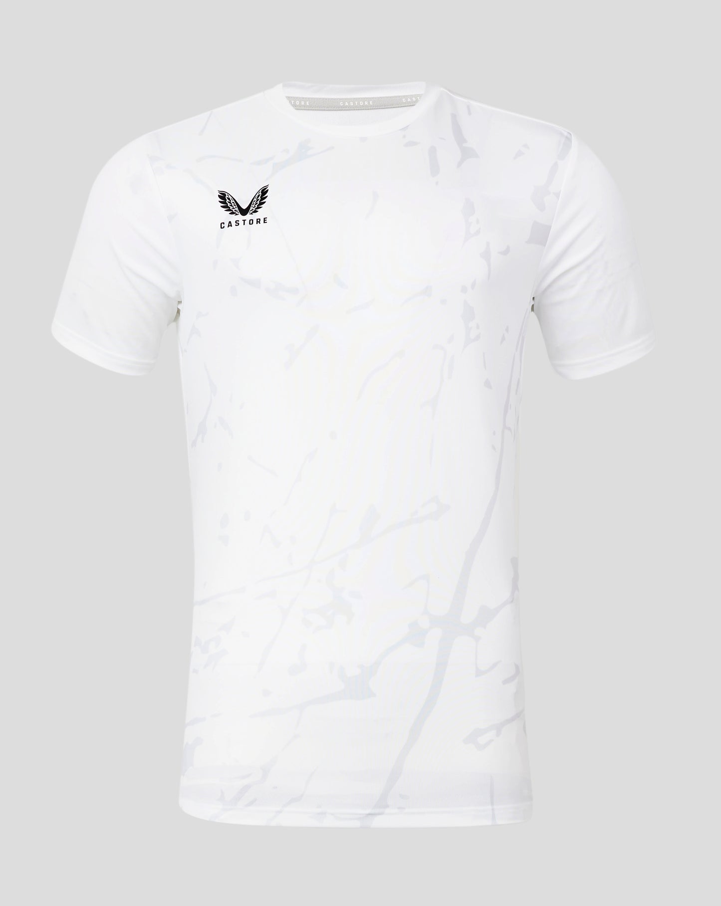 White marble pattern performance tee with crew neck and Castore logo on the chest