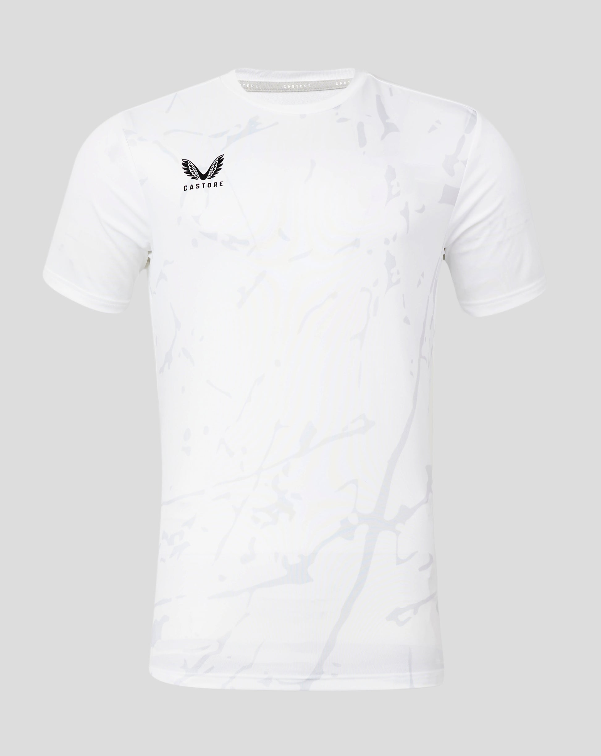 White marble pattern performance tee with crew neck and Castore logo on the chest