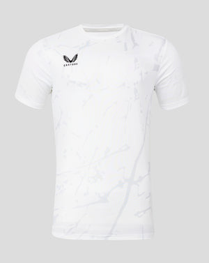 White marble pattern performance tee with crew neck and Castore logo on the chest