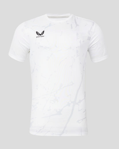 White marble pattern performance tee with crew neck and Castore logo on the chest