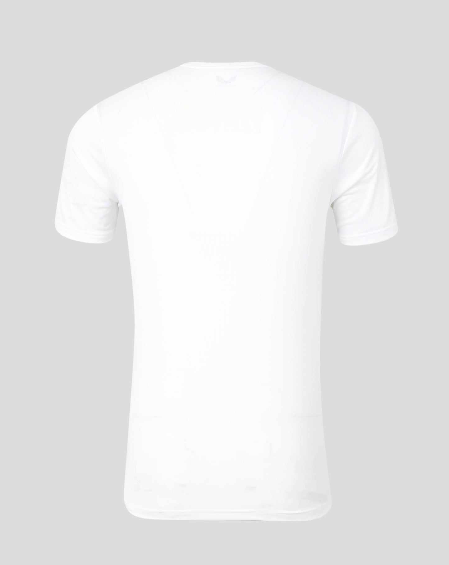 Back view of white marble printed training tee with subtle pattern and small neckline logo