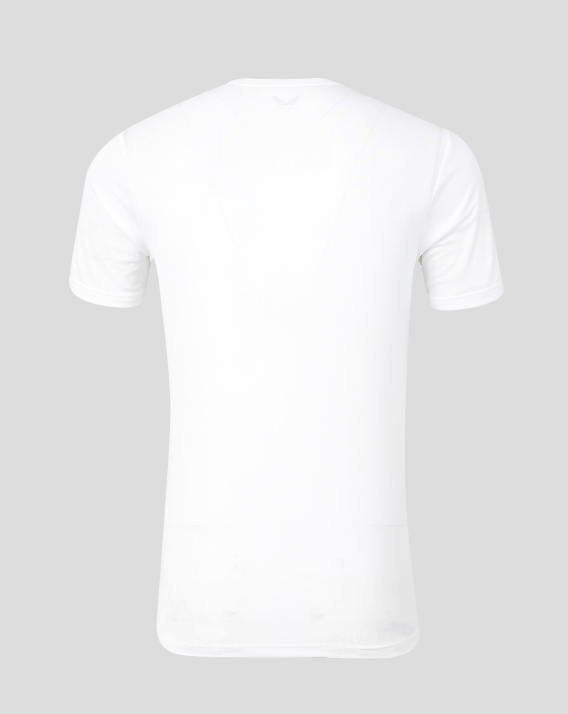 Back view of white marble printed training tee with subtle pattern and small neckline logo