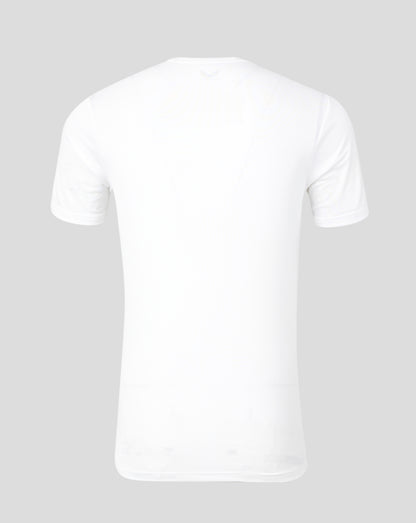 Back view of white marble printed training tee with subtle pattern and small neckline logo