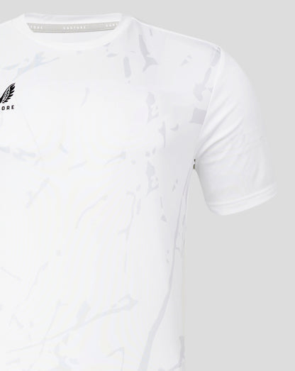 Brilliant white marble printed training tee with subtle gray pattern and wing logo on the left chest