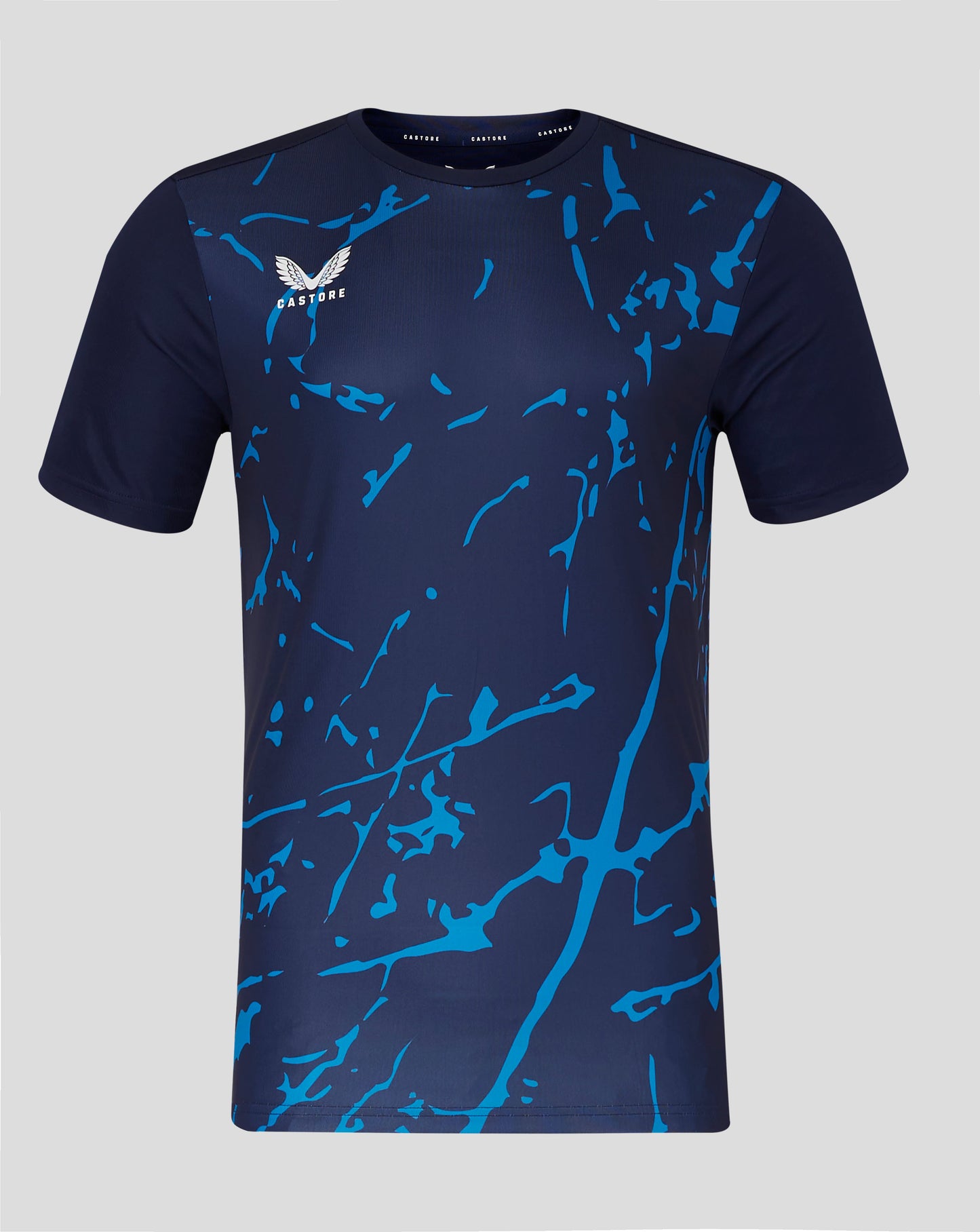 Front view of navy marble performance tee with blue abstract print and Castore logo on chest