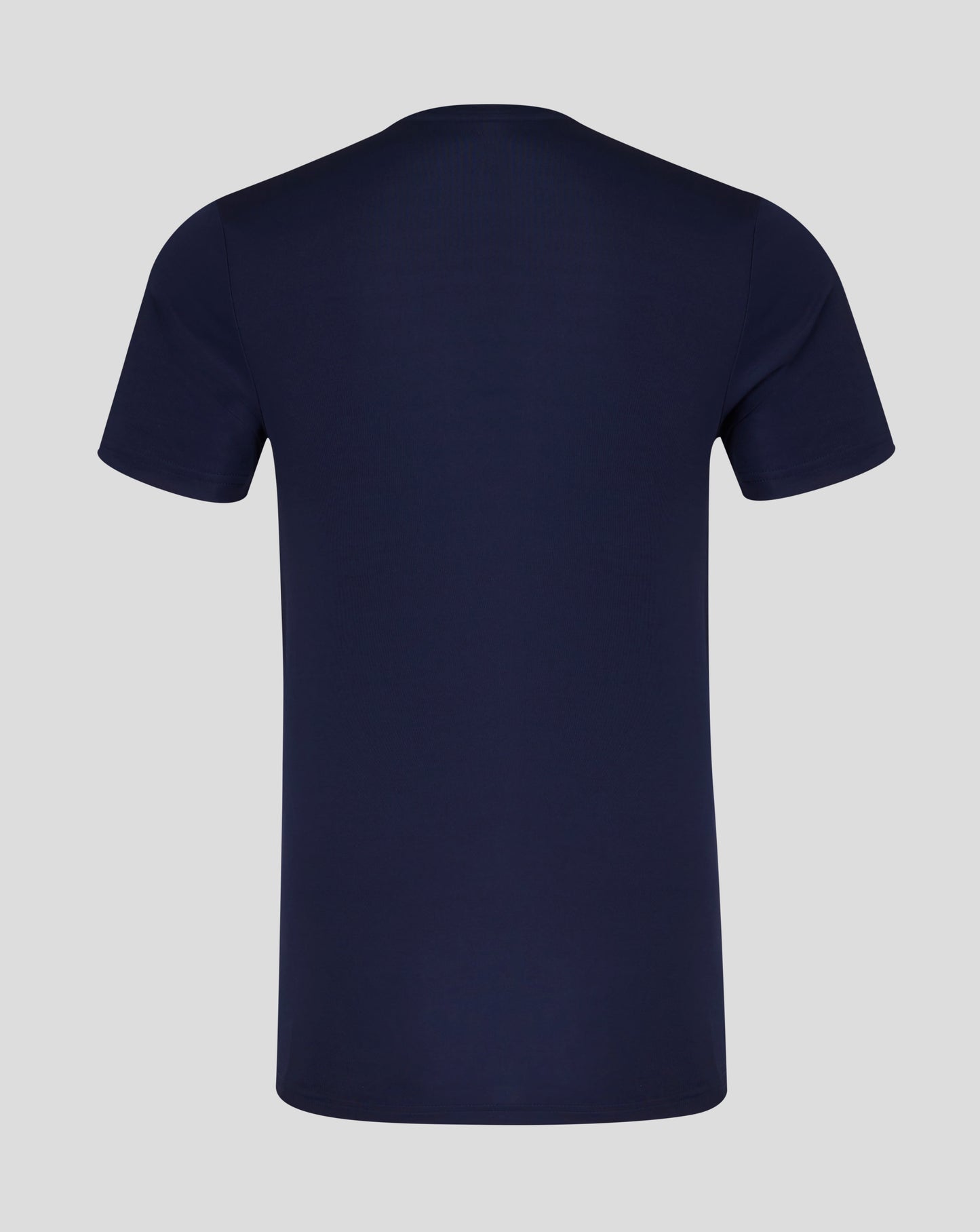 Back view of navy short sleeve tee with smooth fabric and no visible branding