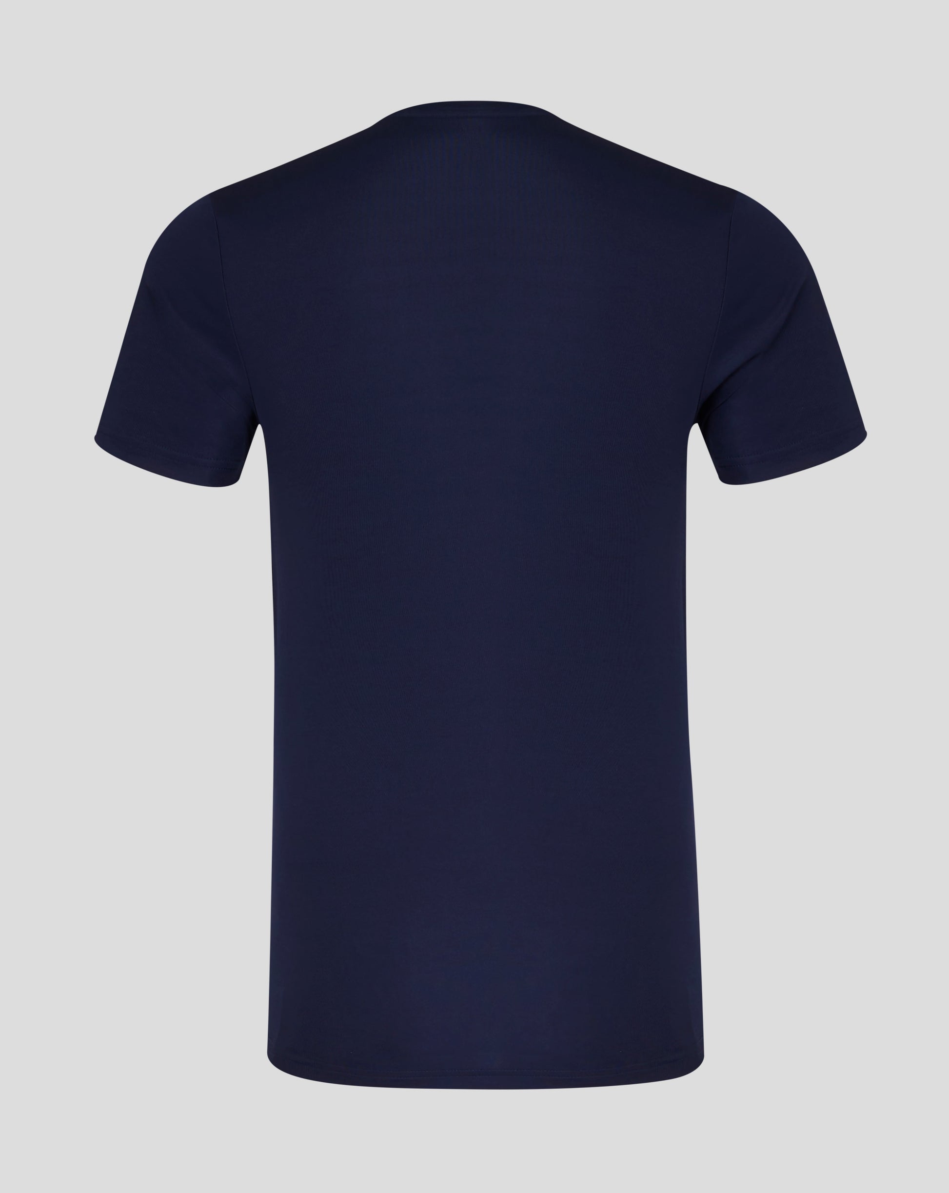 Back view of navy short sleeve tee with smooth fabric and no visible branding