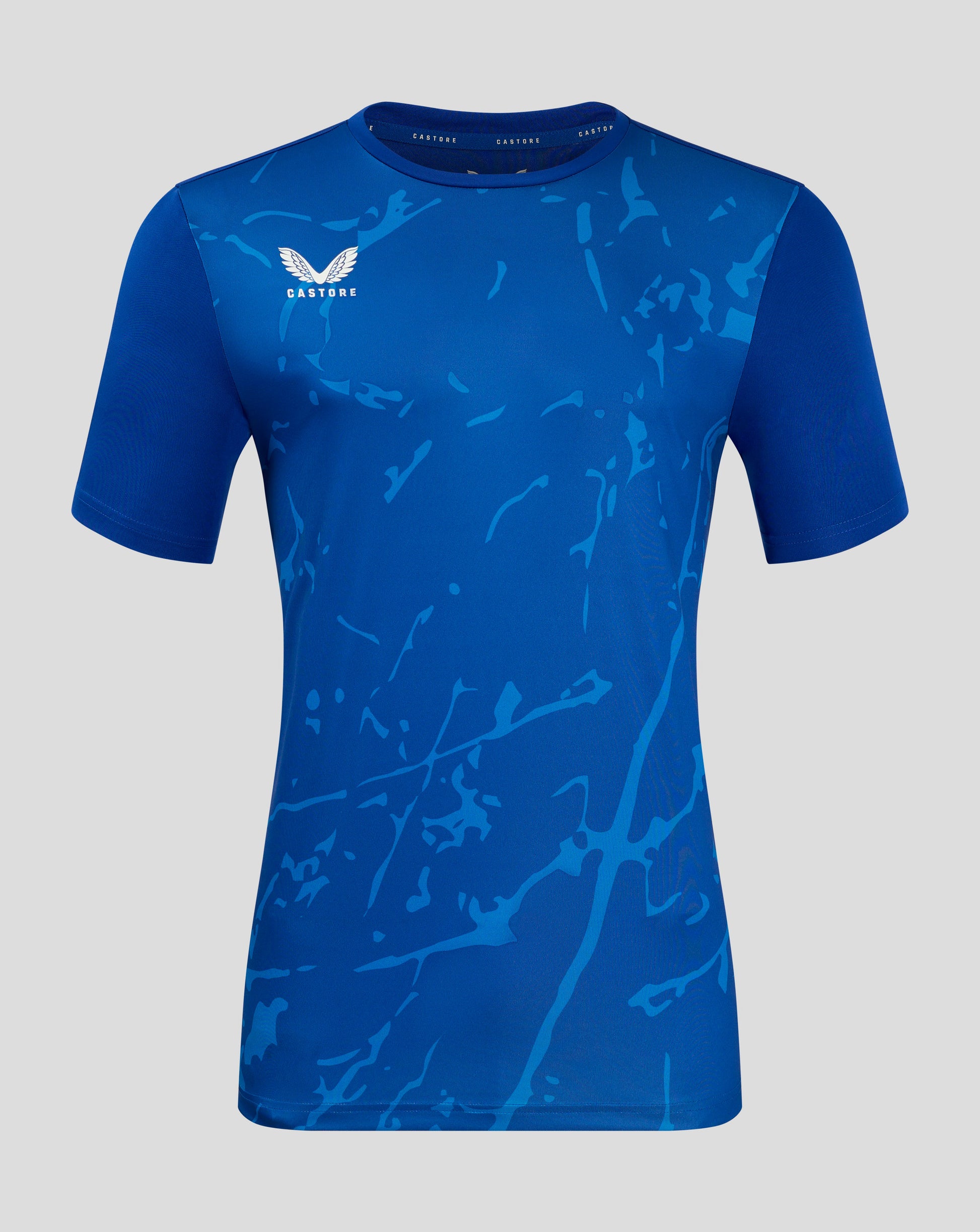 Front view of blue men's Marble Performance Tee with crew neck forward shoulder seam and white Castore wing logo