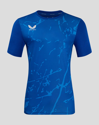 Front view of blue men's Marble Performance Tee with crew neck forward shoulder seam and white Castore wing logo