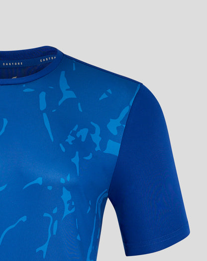 Blue marble print men's performance tee with crew neck and Castore branding at the neckline.