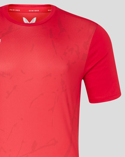 Upper torso of red Marble Performance Tee with white Castore wing logo near the chest and branding along the collar