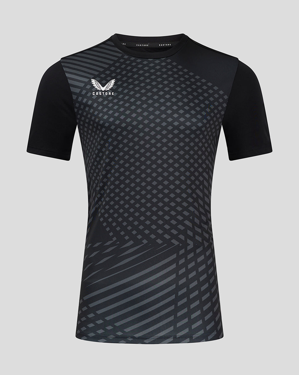 Black short sleeve training T shirt with gray geometric print and white Castore logo on chest