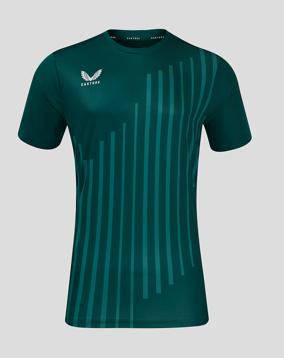 Dark green training tee with teal vertical stripe pattern across the front and a white Castore logo on the chest