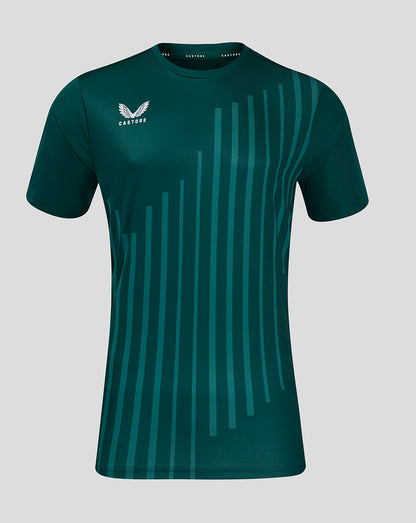 Dark green training tee with teal vertical stripe pattern across the front and a white Castore logo on the chest