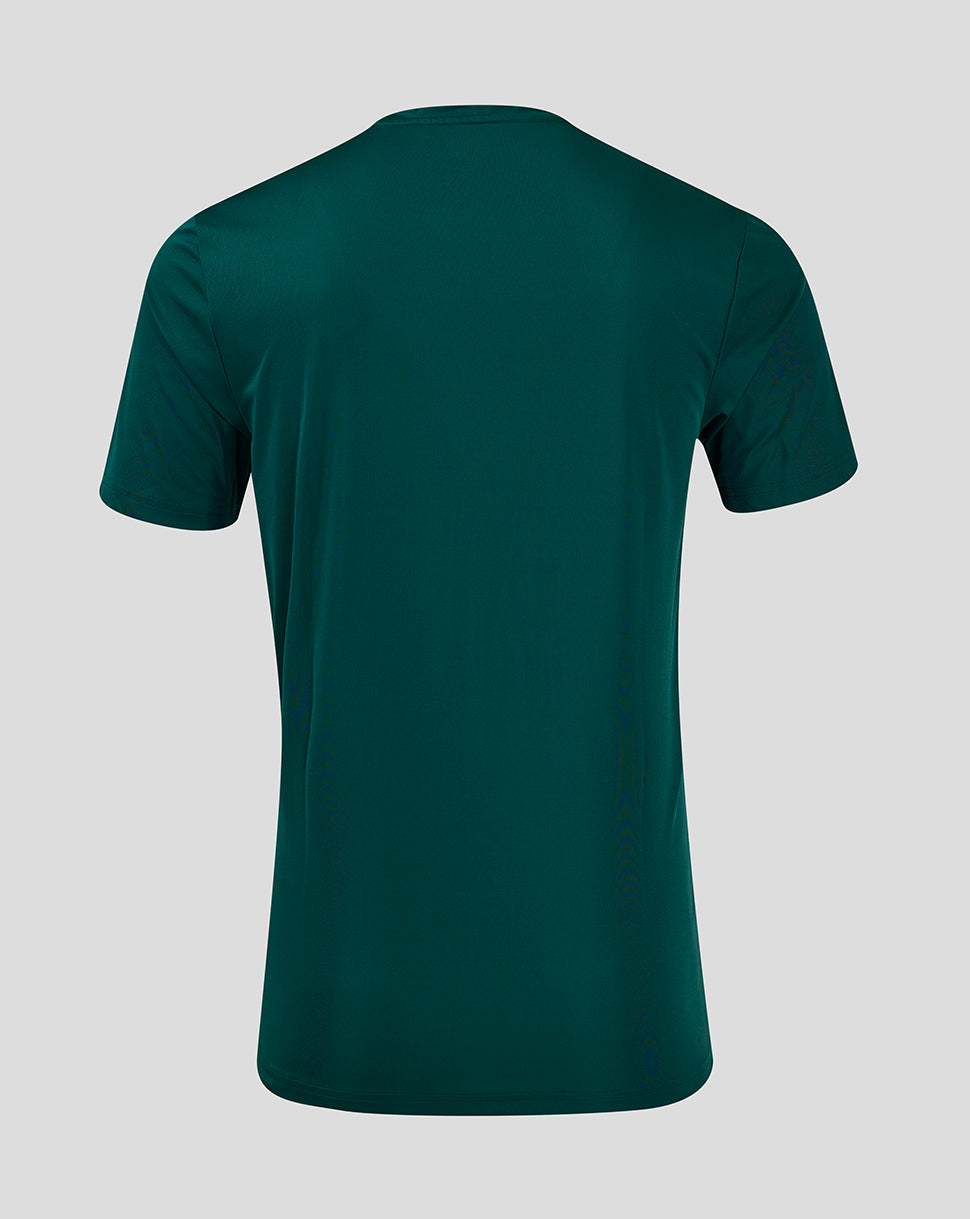 Back view of a dark green ss Linear Printed Training Tee 5 Botanical Garden Bayberry