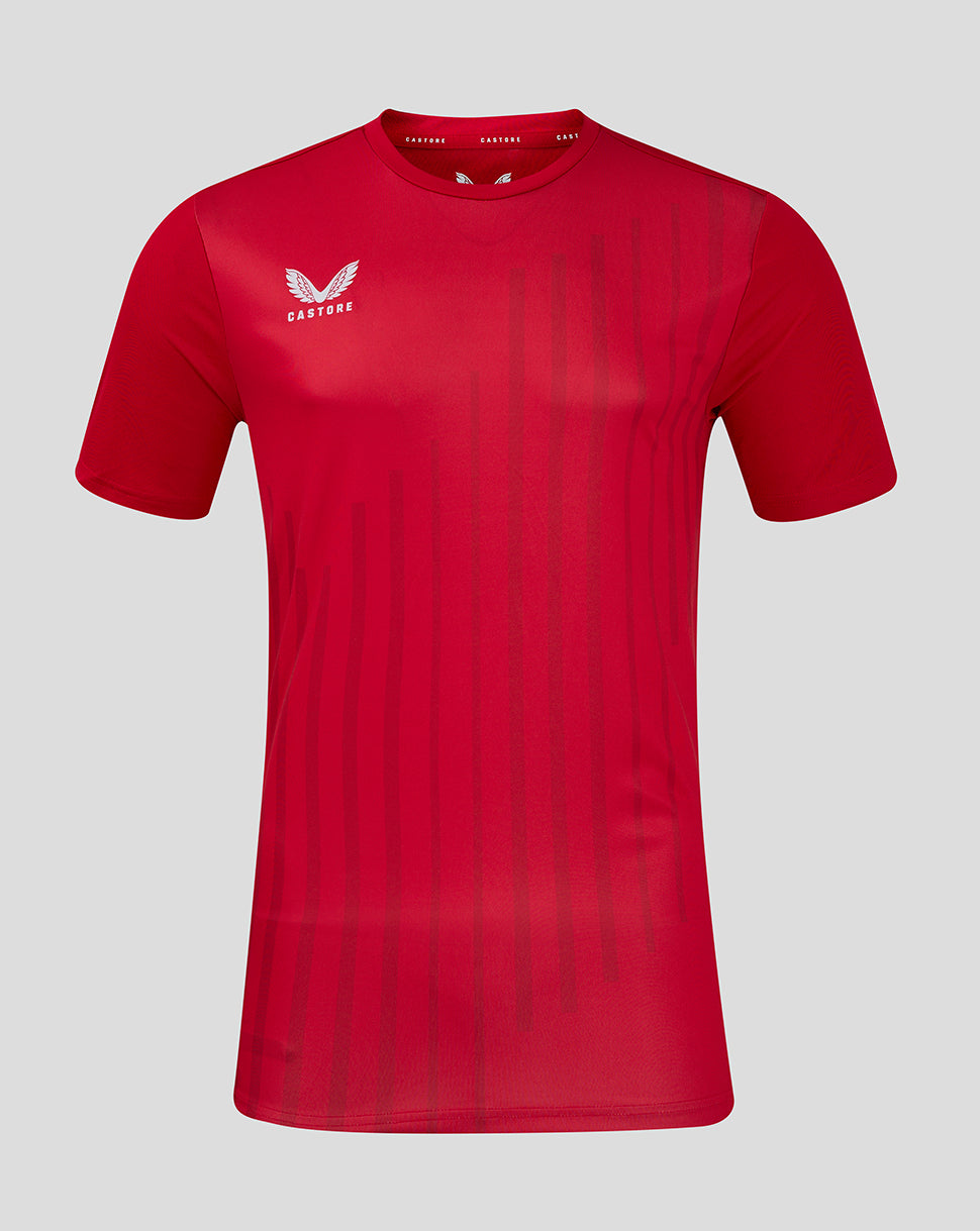 Red short sleeve training tee with subtle vertical stripes and Castore logo on the chest.