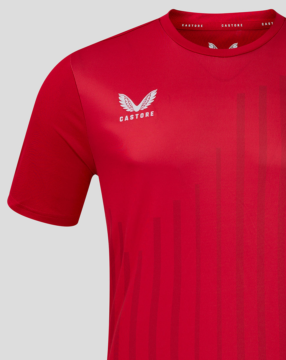 Close up of the red training tee showing vertical tonal stripes and Castore logo on the chest.