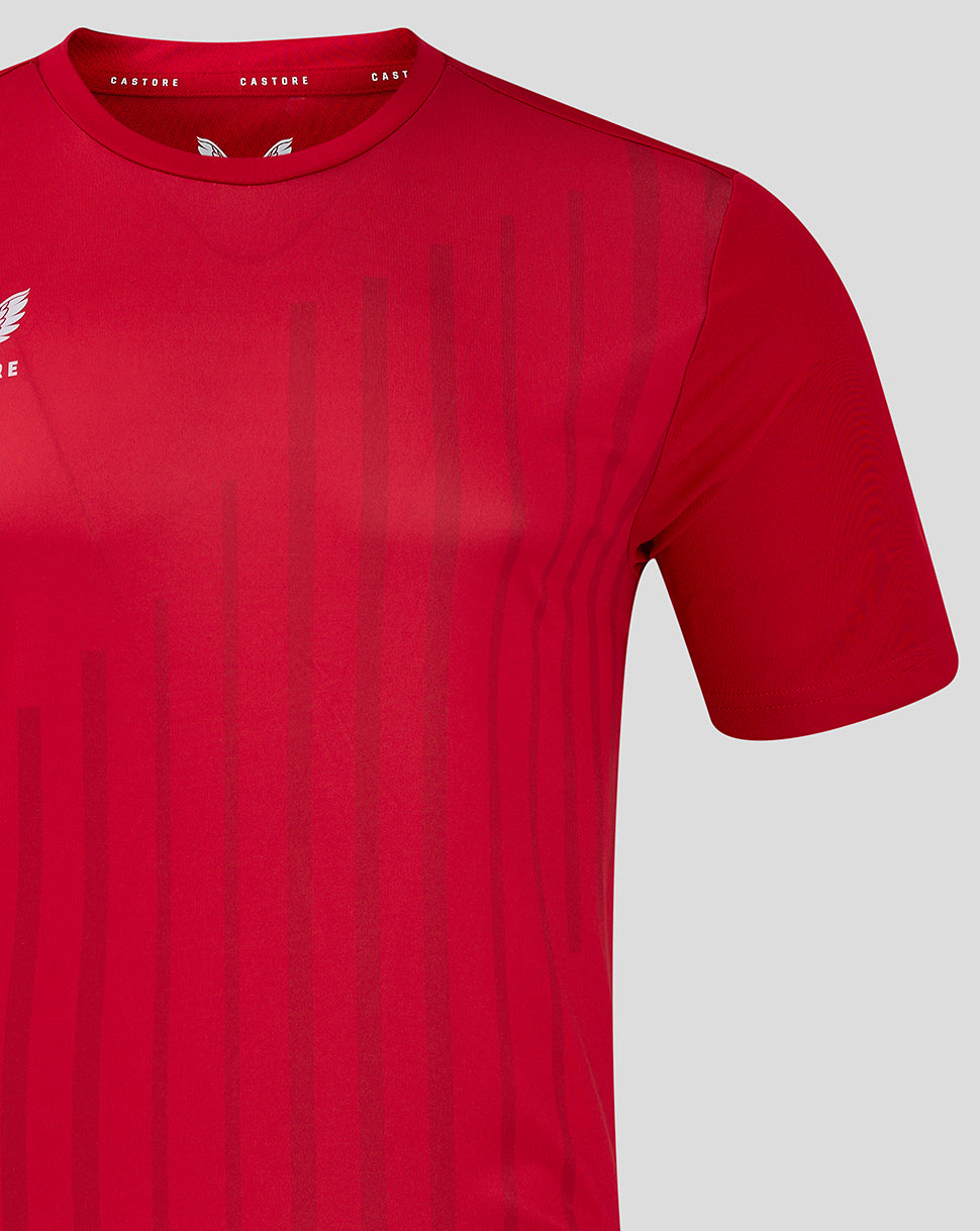Close up of bright red ss Linear Printed Training Tee 5 with a small white Castore logo on the left chest