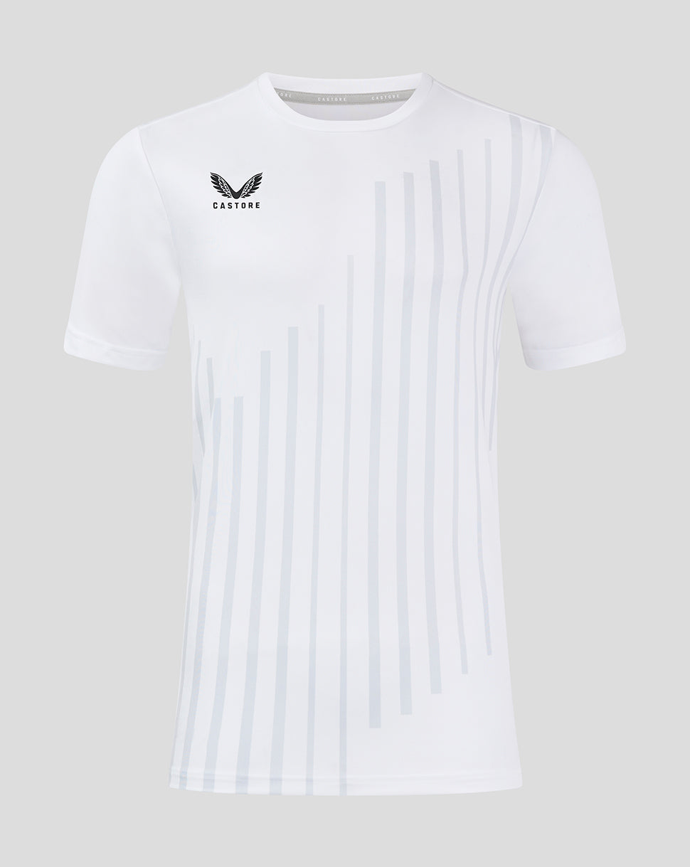 White junior training T shirt with pale vertical stripes and Castore logo on chest