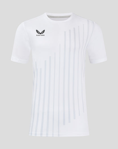 White junior training T shirt with pale vertical stripes and Castore logo on chest