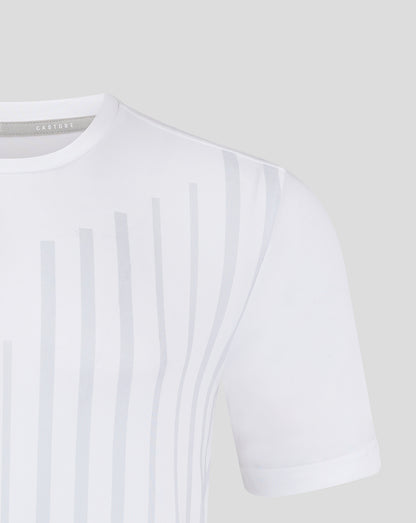 White junior training T shirt with pale vertical stripes on the front