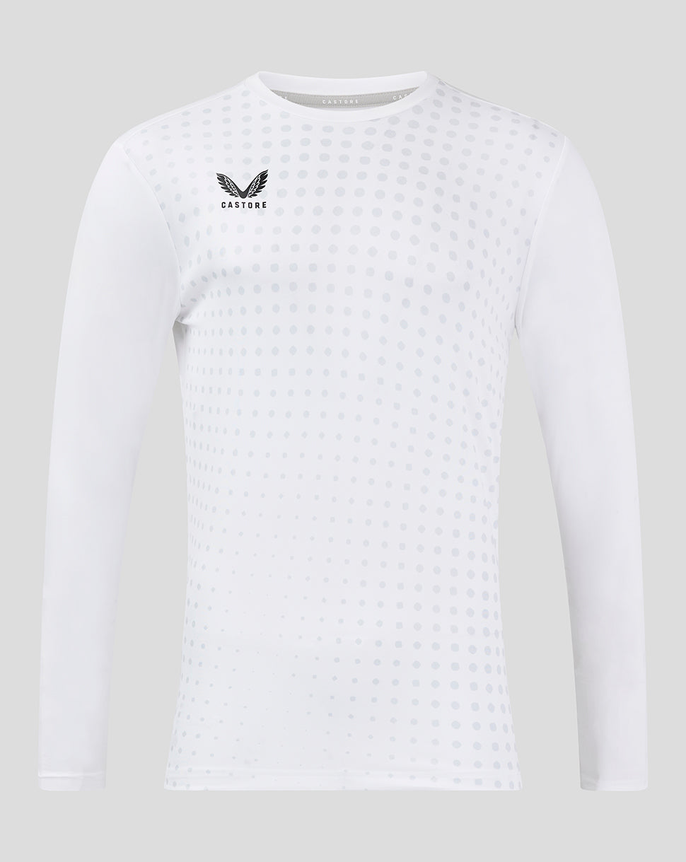 White long sleeve training tee with grey dot pattern across the front and Castore logo on the left chest.