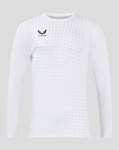 White long sleeve training tee with grey dot pattern across the front and Castore logo on the left chest.