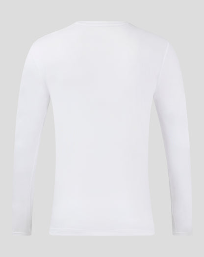Back view of a plain white long sleeve training tee with a smooth silhouette.