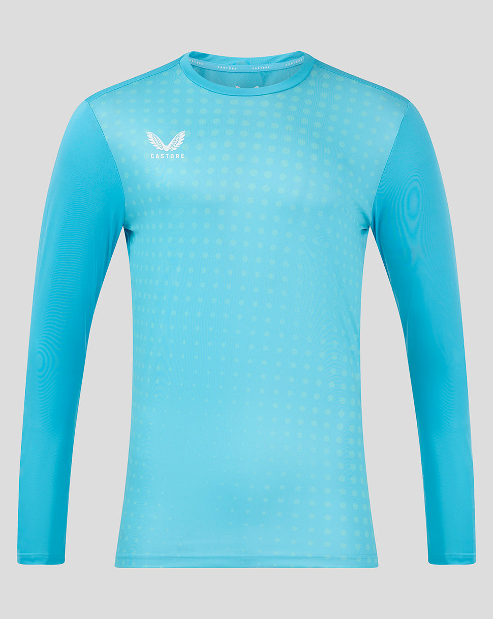 Front view of a bright aqua long sleeve training T shirt Aquarius with a white Castore logo on the chest