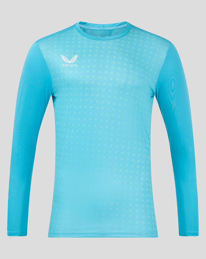 Front view of a bright aqua long sleeve training T shirt Aquarius with a white Castore logo on the chest