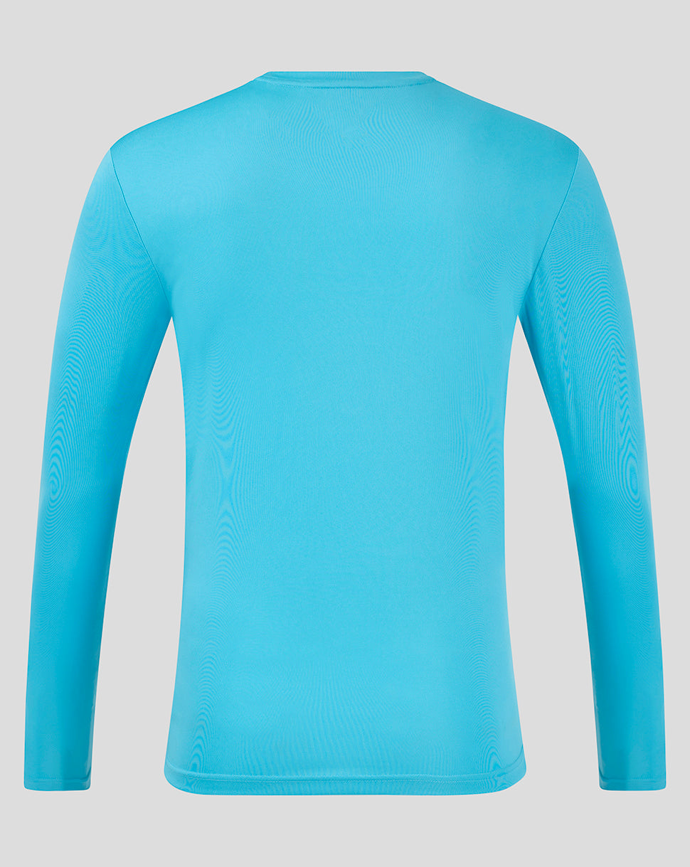 Back view of a bright aqua long sleeve training T shirt Aquarius