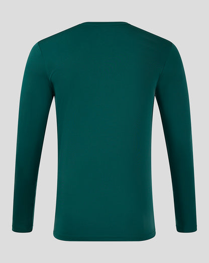 Back view of teal long sleeve training tee with a smooth solid back and clean hem.