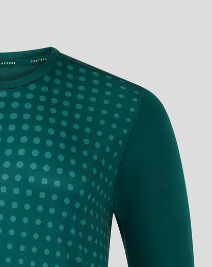 Shoulder and neckline view of teal dotted training tee with a dotted pattern across the chest.