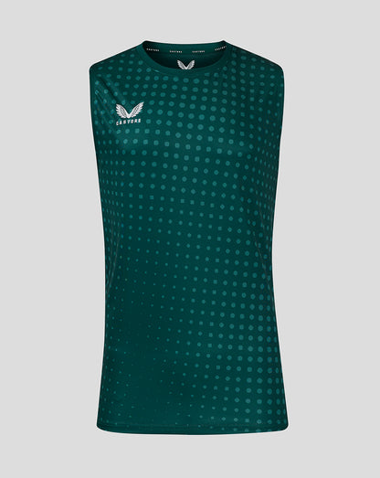 Dots printed mens singlet in Botanical Garden Bayberry with teal polka dot pattern and Castore logo on chest